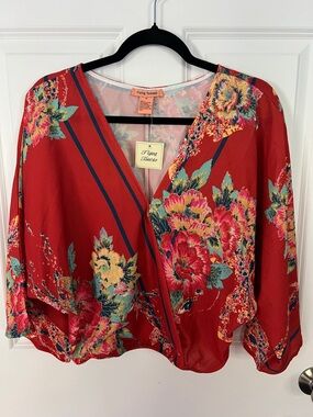 Flying Tomato Red Floral Surplice Blouse with Teal Accents